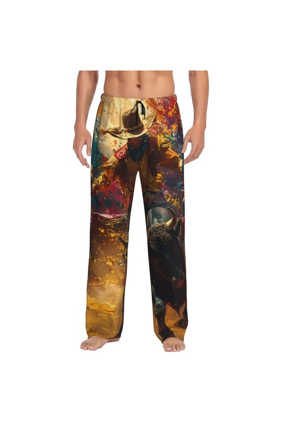 Colorful Bull Western Man Pajama Pants Men, PJ Bottoms, Sleep & Lounge Pants-Medium