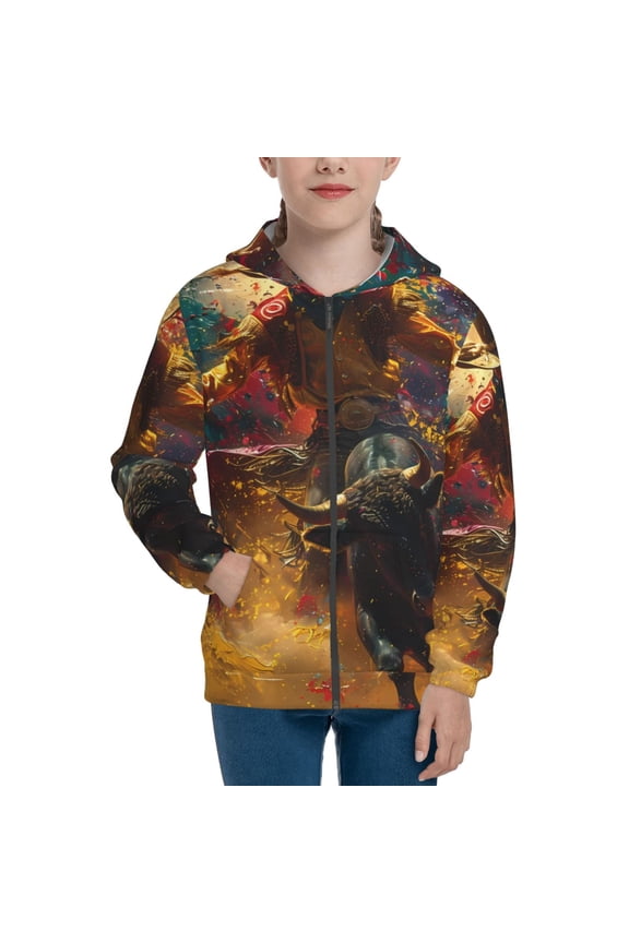 Colorful Bull Western Man Teenage Zipper Hoodie, Long Sleeve Zip Up Hoodies Casual Jackets Tops for 7-12 Years-