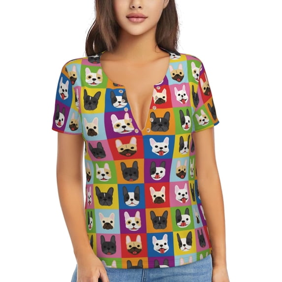 Naloa Colorful Bulldog Print T-Shirts Short Sleeve V Neck Tees for Women Fashion Tops Trendy Lightweight Soft Casual Summer Outfits Clothes
