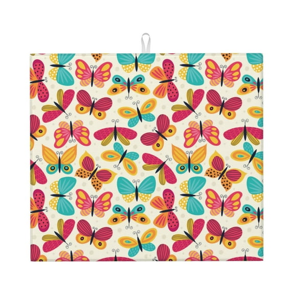 Naloa Colorful Butterflies Dish Drying Mat for Kitchen Counter, Heat Resistant Drainer Mats, Absorbent Draining Mat,Dish Rack Pad,16"x18"