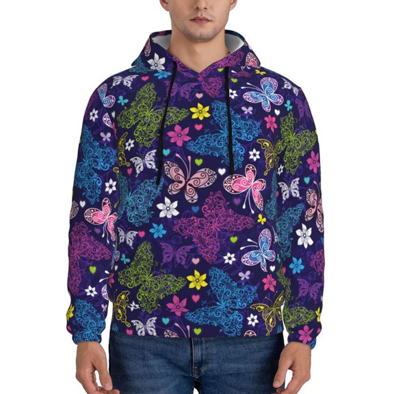 Naloa Colorful Butterflies Men's Casual Hooded Collar Drawstring Hoodies Pullover Sweatshirts Casual Long Sleeve Shirts-3X-Large