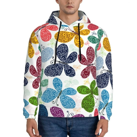 Naloa Colorful Butterflies Men's Casual Hooded Collar Drawstring Hoodies Pullover Sweatshirts Casual Long Sleeve Shirts-XX-Large