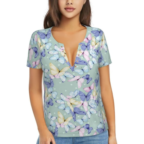 Naloa Colorful Butterfly Print T-Shirts Short Sleeve V Neck Tees for Women Fashion Tops Trendy Lightweight Soft Casual Summer Outfits Clothes