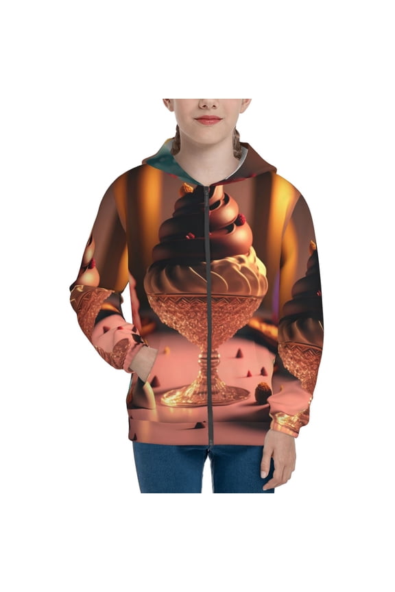 Colorful Cake Ice Cream Teenage Zipper Hoodie, Long Sleeve Zip Up Hoodies Casual Jackets Tops for 7-12 Years-Medium