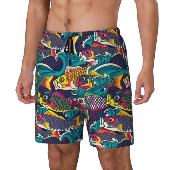 Naloa Colorful Carp Streamer Print Men Swim Trunks with Compression Liner ,Board Shorts,Men's Swim Shorts with Drawstring and Elastic Waistband-X-Large