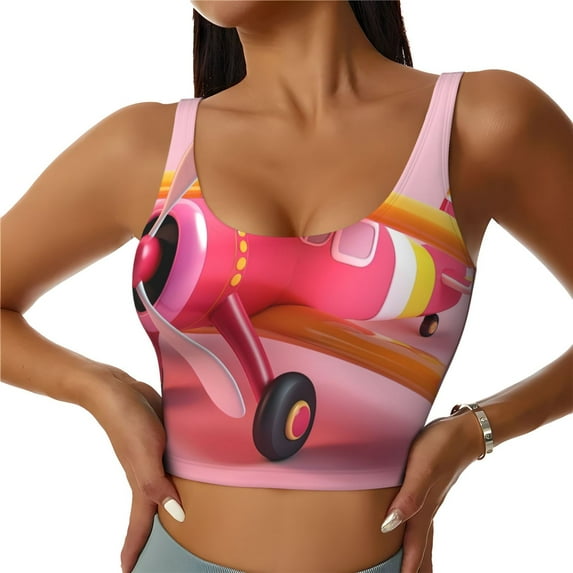 Naloa Colorful Cartoon Biplane Sports Bras for Women,Sports Bras for Women High Support with Removable Pads-Large
