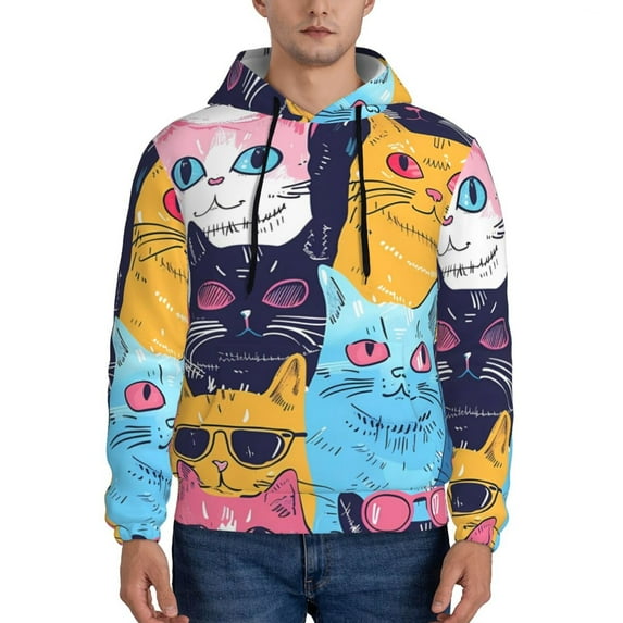Naloa Colorful Cats Pattern Art Men's Casual Hooded Collar Drawstring Hoodies Pullover Sweatshirts Casual Long Sleeve Shirts-4X-Large