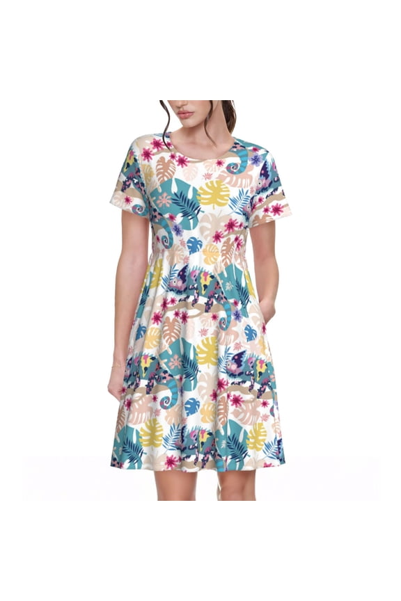 Colorful Chameleons Print Womens Summer A-Line Dress with Pockets,Short Sleeve Dresses,Flowy Beach Swing Dress for Vacation Travel