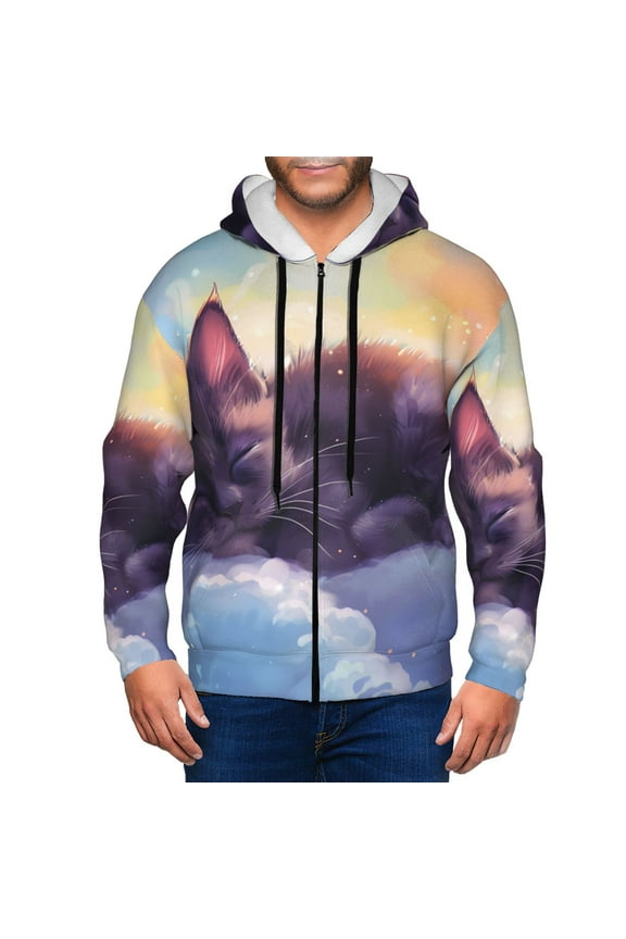 Colorful Cloud Sleeping Cat Men’s Hoodies, Zip up Hoodie, Sweatshirts,Hoodies for Men Sizes S-3XL-Small