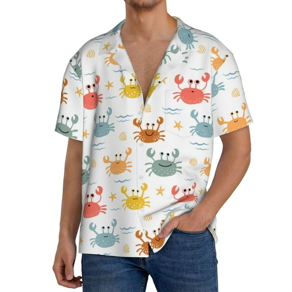 Naloa Colorful Crabs Men's Loose Fit Cuban Collar Short-Sleeve Shirt, Hawaiian Shirts, Mens Shirts Casual for Everyday Wear Outings-Medium