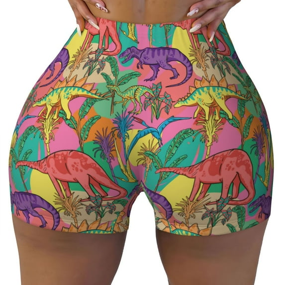 Naloa Colorful Dinosaur Biker Shorts for Women Seamless Scrunch Short Women’s Yoga Shorts for Gym Running Sport Shorts - Large