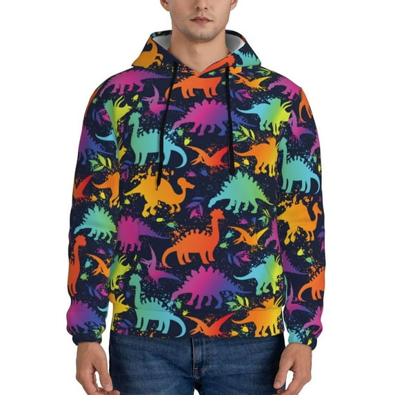 Naloa Colorful Dinosaur Men's Casual Hooded Collar Drawstring Hoodies Pullover Sweatshirts Casual Long Sleeve Shirts-4X-Large