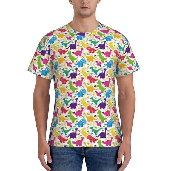 Naloa Colorful Dinosaurs Men's T-Shirt Sport T-shirt Men's Basic Tee Casual Men's Shirt, Round Neck, Short Sleeves - X-Large