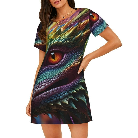 Naloa Colorful Dragon Head Profile Print Women Nightgowns,Womens Loungewear,Short Sleeve Sleepwear,Comfy Ladies Nightdress