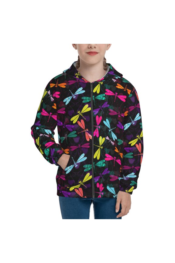 Colorful Dragonflies Teenage Zipper Hoodie, Long Sleeve Zip Up Hoodies Casual Jackets Tops for 7-12 Years-Medium