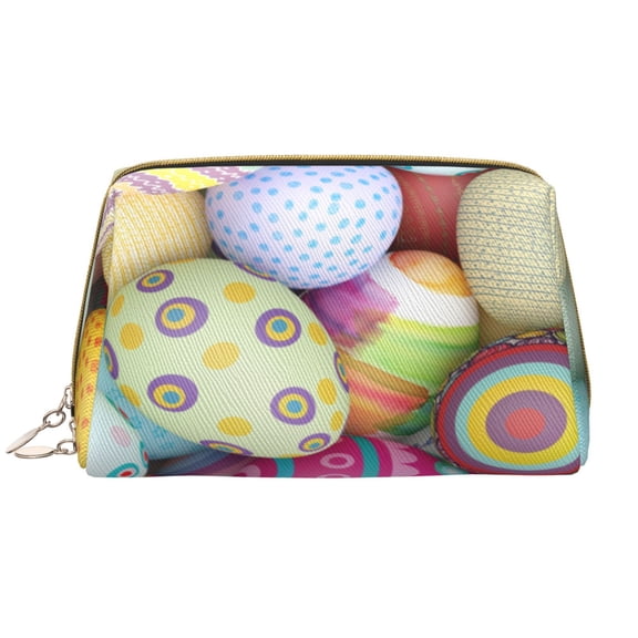 Naloa Colorful Easter Eggs Leather Makeup Bag for Purse Travel, Portable Small Cosmetic Organizer for Women and Girls, Make up Bag with Zipper