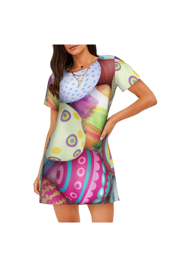 Colorful Easter Eggs Print Women Nightgowns,Womens Loungewear,Short Sleeve Sleepwear,Comfy Ladies Nightdress