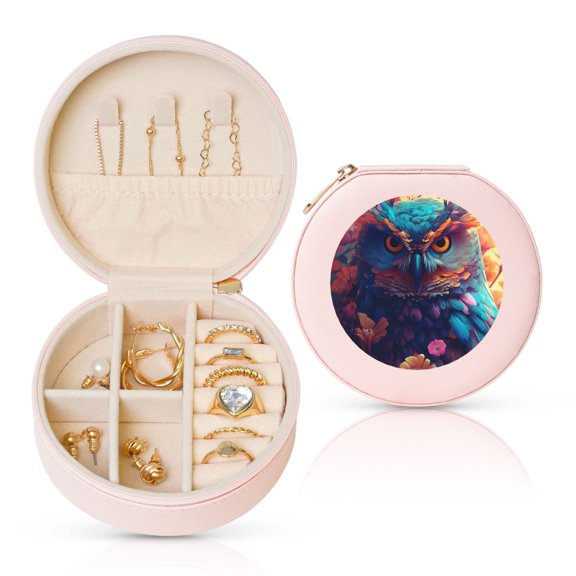 Naloa Colorful Feather Owl Round Jewelry Box, Travel Jewelry Organizer, 3.9 x 3.9 x 2in Jewelry Storage Box for Women-Pink