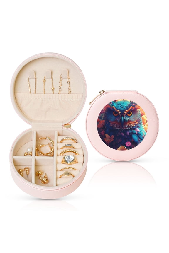 Colorful Feather Owl Round Jewelry Box, Travel Jewelry Organizer, 3.9 x 3.9 x 2in Jewelry Storage Box for Women-Pink