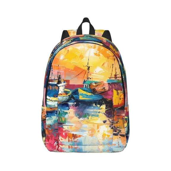 Naloa Colorful Fishing Boats Canvas Backpack for Men Women Rucksack Casual Travel Daypack College Tote Satchel Bookbag for Teens-Small
