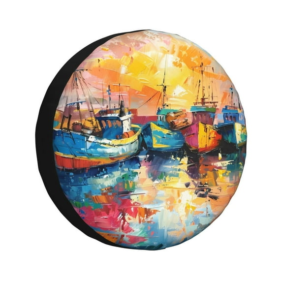 Naloa Colorful Fishing Boats PVC Leather Spare Tire Wheel Cover Spare Tire Cover, for Car Truck SUV Camper Trailer Universal Fit(14-17in)-14 inch