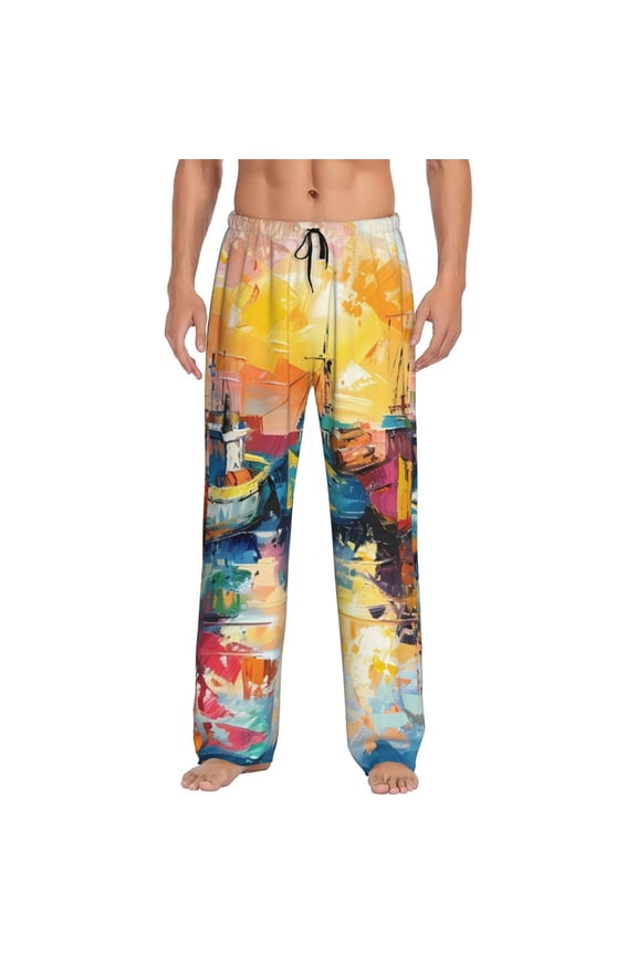 Colorful Fishing Boats Pajama Pants Men, PJ Bottoms, Sleep & Lounge Pants-Large