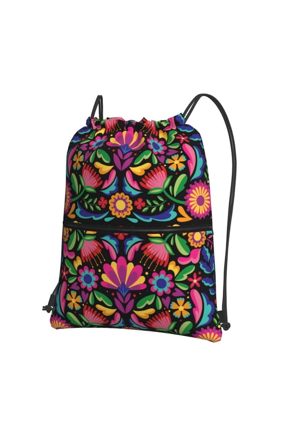 Colorful Floral Embroidery Mexican Drawstring Backpack String Bag Cinch Water Resistant for Gym Shopping Sport Yoga