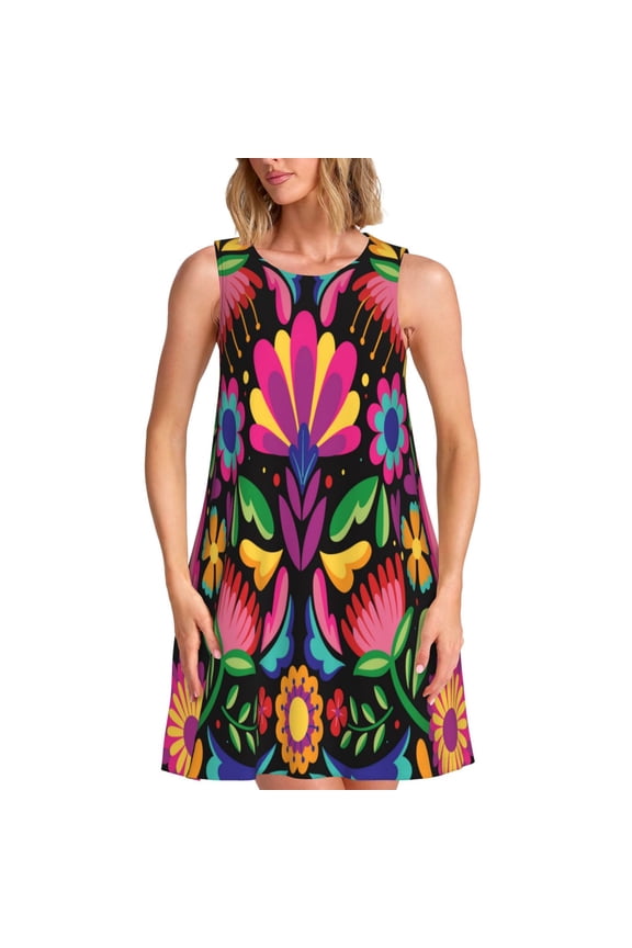 Colorful Floral Embroidery Mexican Print Women's Summer Spring Casual Beach Sundress,Vacation Sleeveless Tank Crewneck Loose Dresses