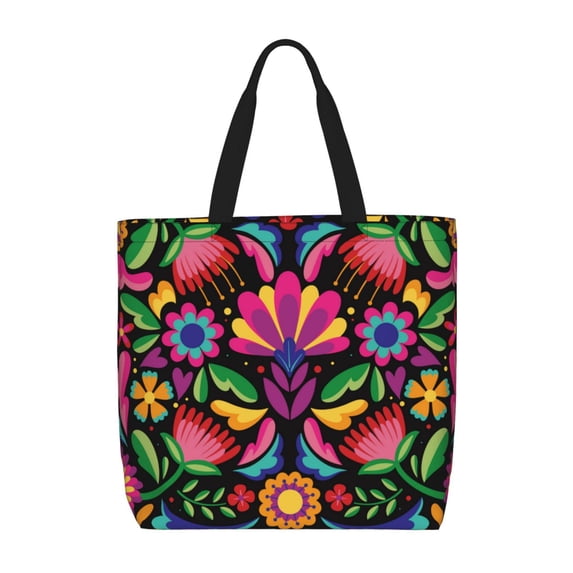 Naloa Colorful Floral Embroidery Mexican Tote Bag for Women, Foldable Tote Bag With Zipper, Large Shoulder Bag, Top Handle Handbag for Travel, Work, Shopping