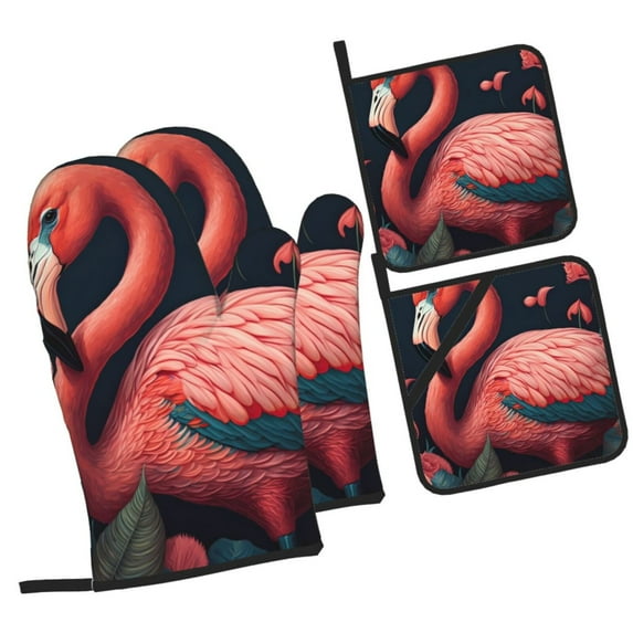 Naloa Colorful Floral Flamingo Oven Mitts and Pot Holders 4 pcs Set, Cooking Baking Grilling Kitchen Oven Glove for Cooking