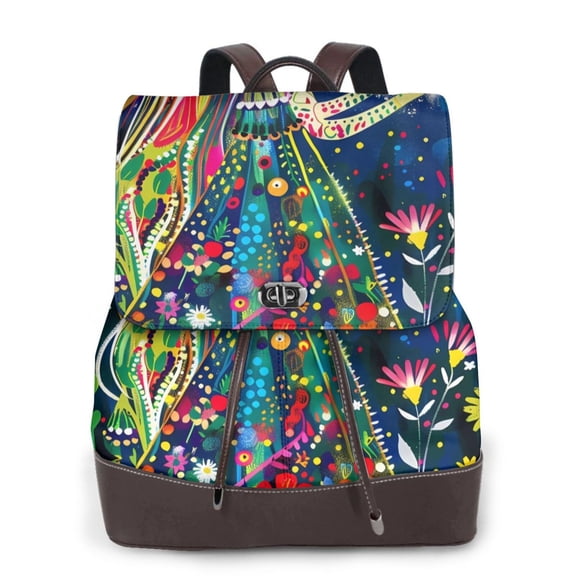Gaeub Colorful Floral Forest Fairy Print Women's Leather Backpack,Travel Laptop Backpack,Fashion Ladies Leather Backpack Bag for Travel,Leather Drawstring Daypack for Me