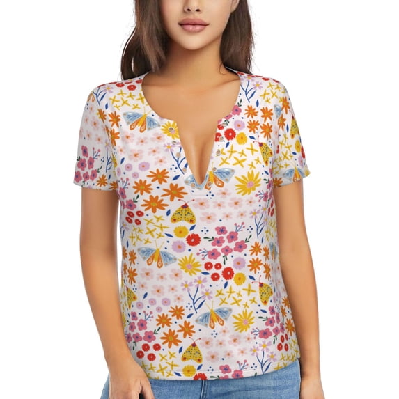 Naloa Colorful Floral Print T-Shirts Short Sleeve V Neck Tees for Women Fashion Tops Trendy Lightweight Soft Casual Summer Outfits Clothes