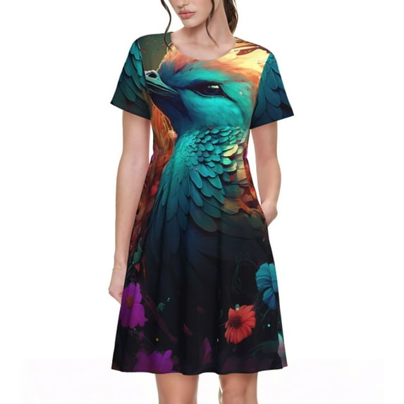 Naloa Colorful Flower Bird Print Womens Summer A-Line Dress with Pockets,Short Sleeve Dresses,Flowy Beach Swing Dress for Vacation Travel