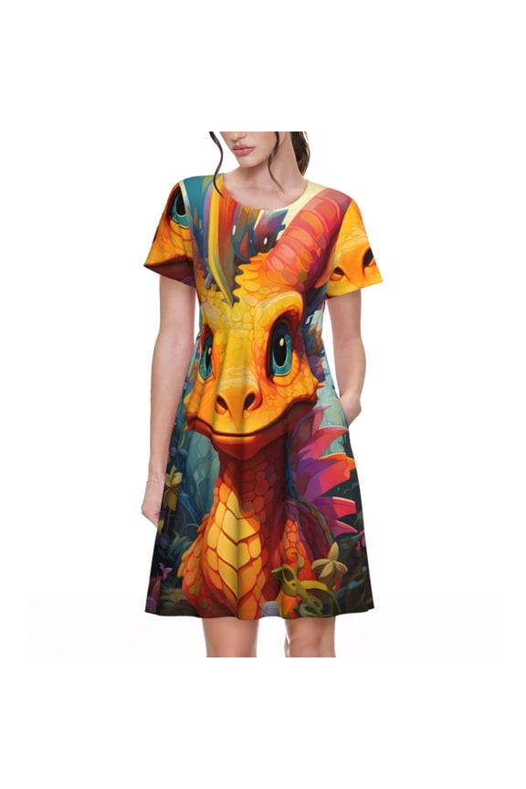 Colorful Flower Chameleon Print Womens Summer A-Line Dress with Pockets,Short Sleeve Dresses,Flowy Beach Swing Dress for Vacation Travel