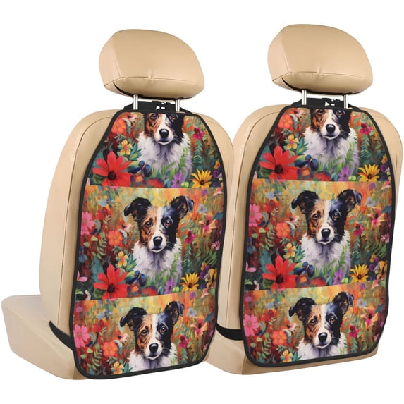 Naloa Colorful Flower Dog 2Pcs Anti-Kick Back Seat Cover Kick Mat, Car Seat Protector with 3 Storage Pockets