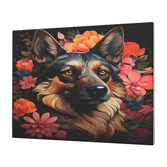 Naloa Colorful Flower German Shepherd Print Canvas Picture,Wall Pictures, Modern Decorative Poster,Art Prints for Bedroom, Toilet, 40 x 30 cm, Built-in Wooden Frame
