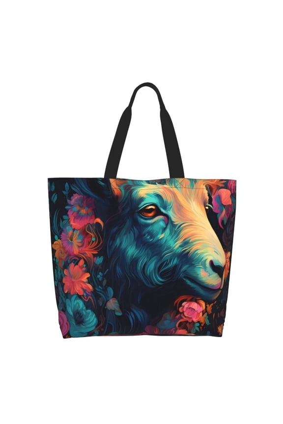 Colorful Flower Goat Tote Bag for Women Large Capacity Shoulder Bag for College Work Travel Shopping