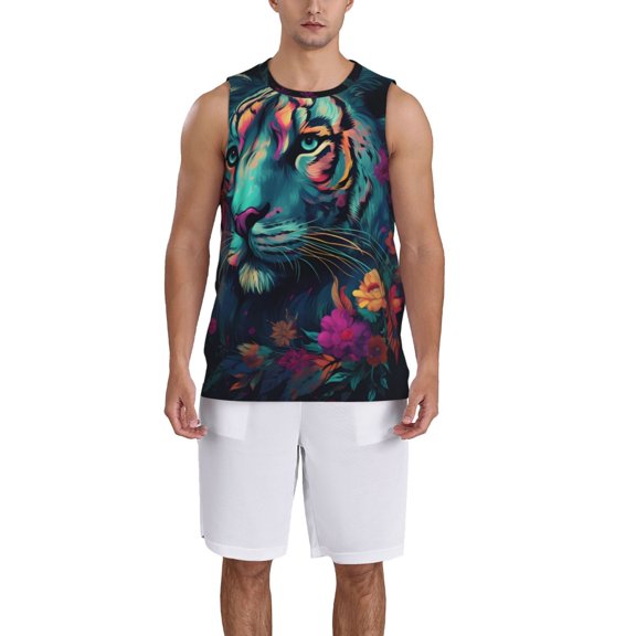 Naloa Colorful Flower Tiger Basketball Jersey Reversible Men's Mesh Athletic Sports Shirts Training Practice S-4XLMedium