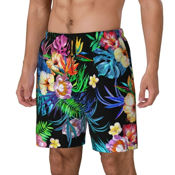 Naloa Colorful Flowers Print Men Swim Trunks with Compression Liner ,Board Shorts,Men's Swim Shorts with Drawstring and Elastic Waistband-XX-Large