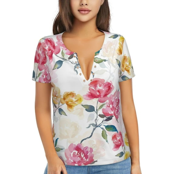 Naloa Colorful Flowers Print T-Shirts Short Sleeve V Neck Tees for Women Fashion Tops Trendy Lightweight Soft Casual Summer Outfits Clothes
