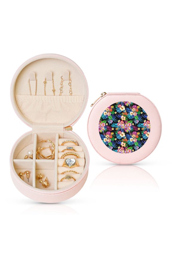 Colorful Flowers Round Jewelry Box, Travel Jewelry Organizer, 3.9 x 3.9 x 2in Jewelry Storage Box for Women-Pink