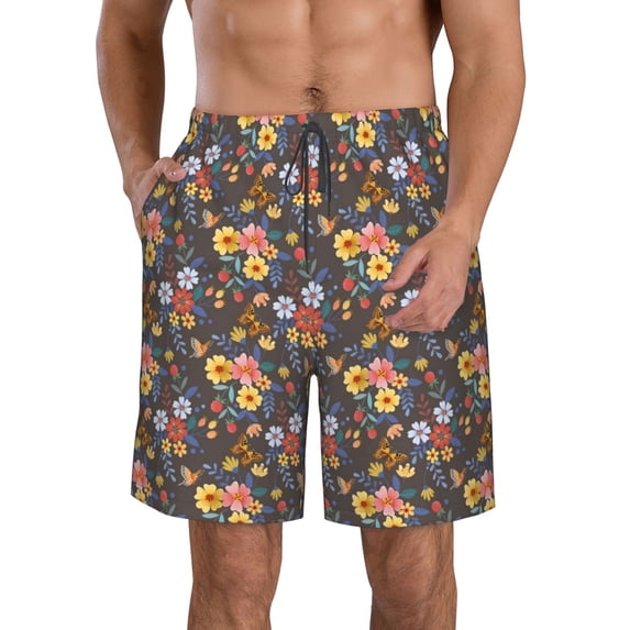 Naloa Colorful Flowers with Butterfly Men's Beach Shorts, Surfing shorts, Swim trunks, Quick Dry Swim Trunks for Surfing Beach Fun - XX-Large
