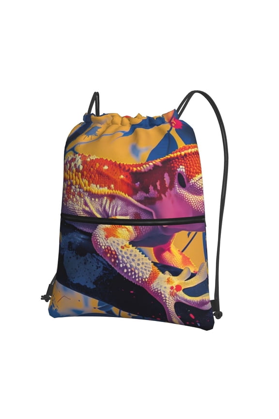 Colorful Gecko Jungle Art Drawstring Backpack String Bag Cinch Water Resistant for Gym Shopping Sport Yoga