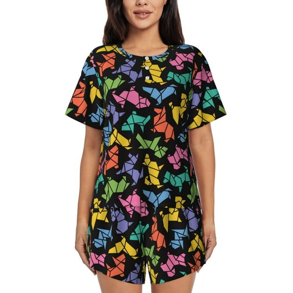 Naloa Colorful Geometric Dog Women's Short-Sleeved Pajama Set, Loungewear, Summer pajamas, Breathable Cozy - XX-Large