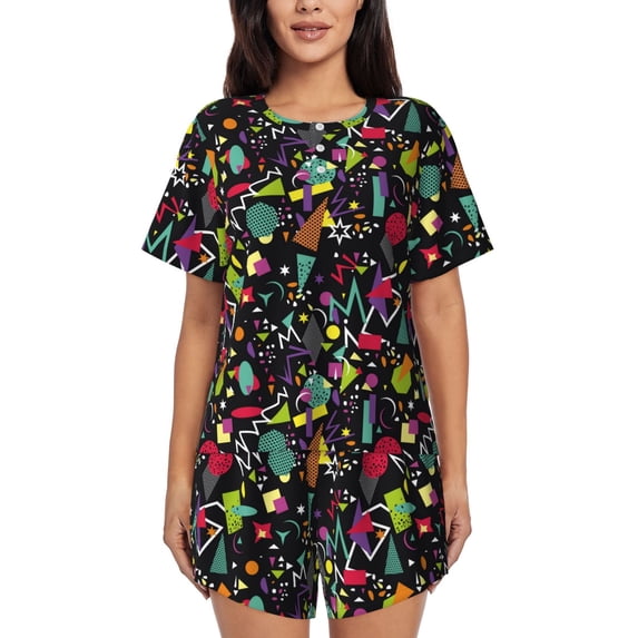 Naloa Colorful Geometric Figures Women's Short-Sleeved Pajama Set, Loungewear, Summer pajamas, Breathable Cozy - Large