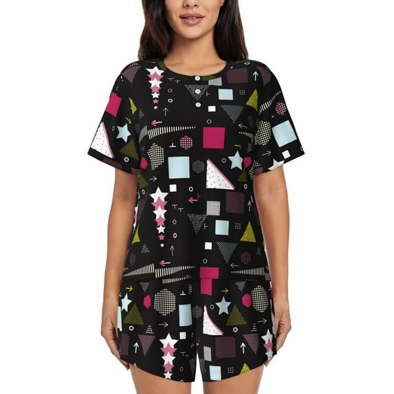 Naloa Colorful Geometry Women's Short-Sleeved Pajama Set, Loungewear, Summer pajamas, Breathable Cozy - Small
