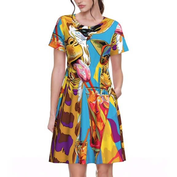 Naloa Colorful Giraffes with Drinks Print Womens Summer A-Line Dress with Pockets,Short Sleeve Dresses,Flowy Beach Swing Dress for Vacation Travel