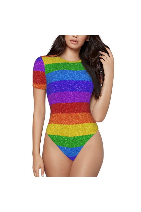 Colorful Glitter Rainbow Women's Short-Sleeved Onesie, One-Piece Swimsuit for Parties, dates, clubs - Medium