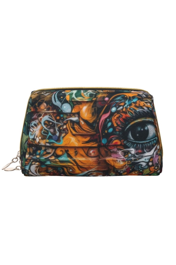 Colorful Graffiti Abstract Eye Leather Makeup Bag for Purse Travel, Portable Small Cosmetic Organizer for Women and Girls, Make up Bag with Zipper