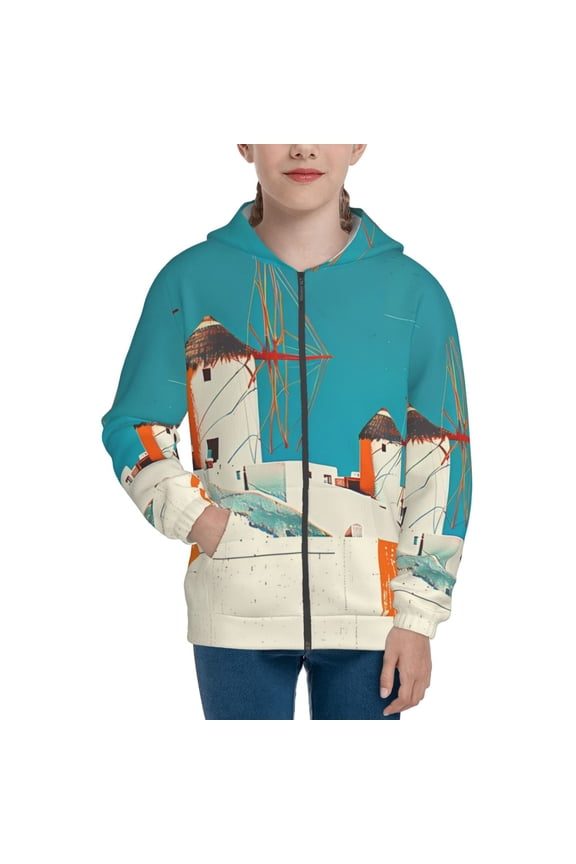 Colorful Greek Windmills Teenage Zipper Hoodie, Long Sleeve Zip Up Hoodies Casual Jackets Tops for 7-12 Years-Small